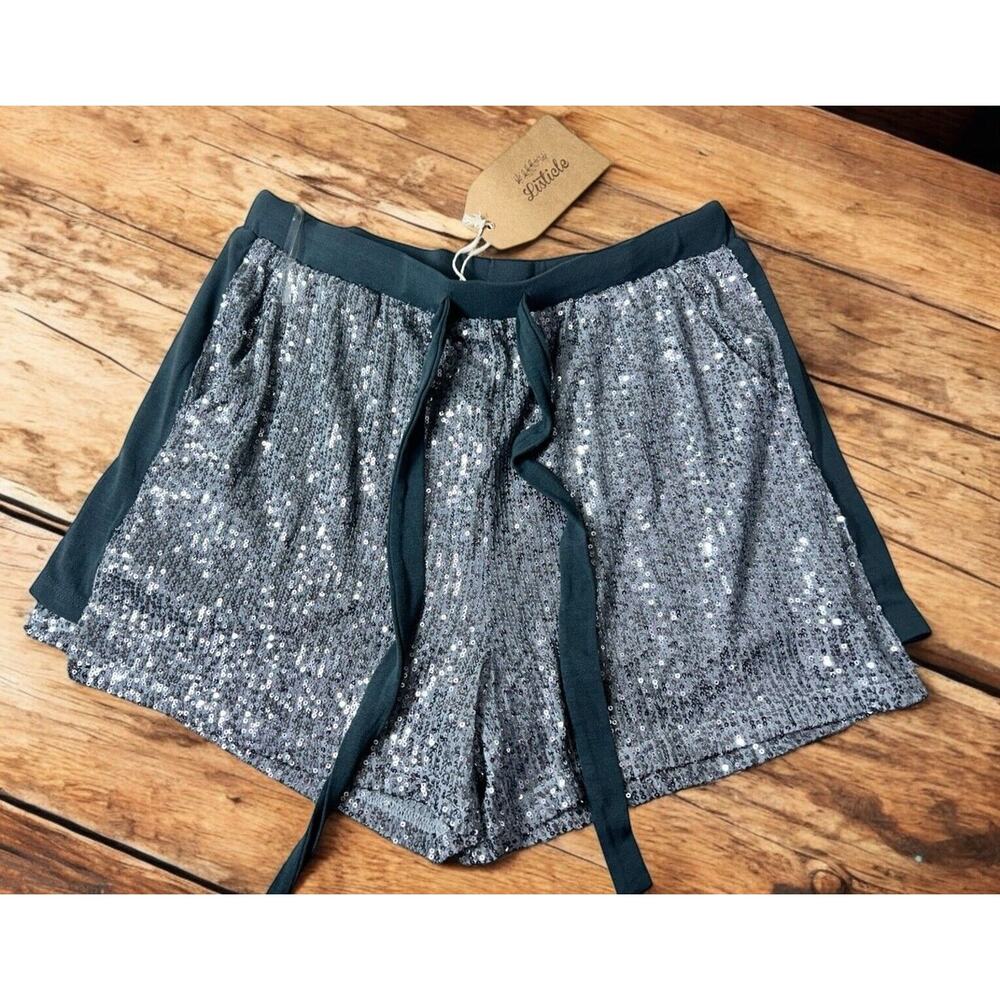 Women's Listicle Gray Sequins Shorts Sz Large Drawstring Pockets Unique New